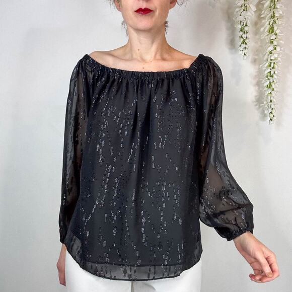 NWT LILLY PULITZER Emilee Long Sleeve Off Shoulder top Onyx metallic sheer 2217 - Picture 10 of 12